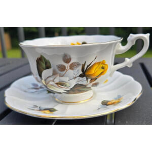 Royal Albert Yellow And White Roses Leaf Detail Wide Mouth Cup Saucer England